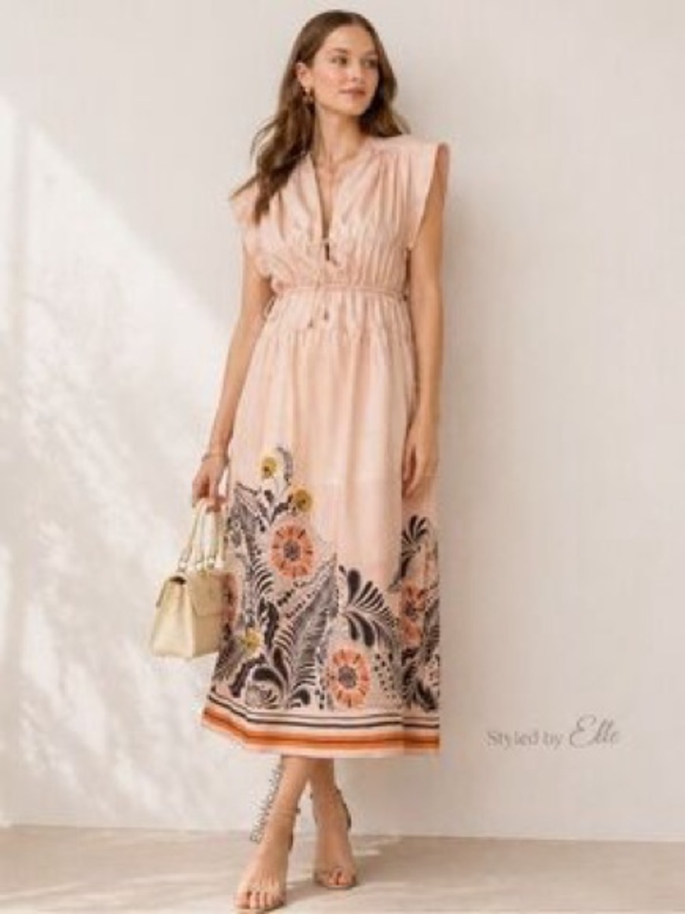 Sabina Musayev Sleeveless Peach Floral Border Maxi Dress size Small